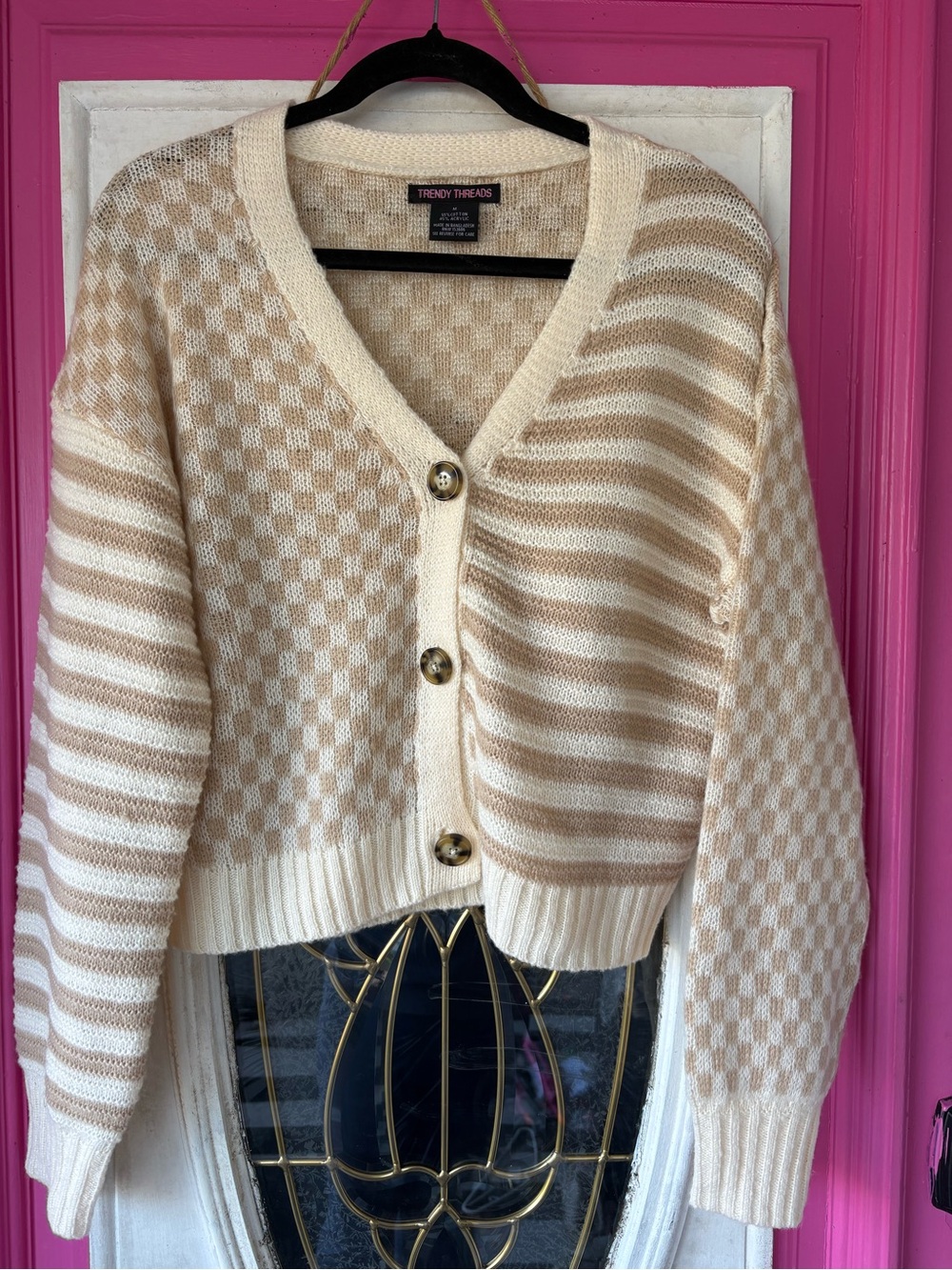 Cream & Tan Patterned Button-Front Cardigan fall Fall - Picture 7 of 9